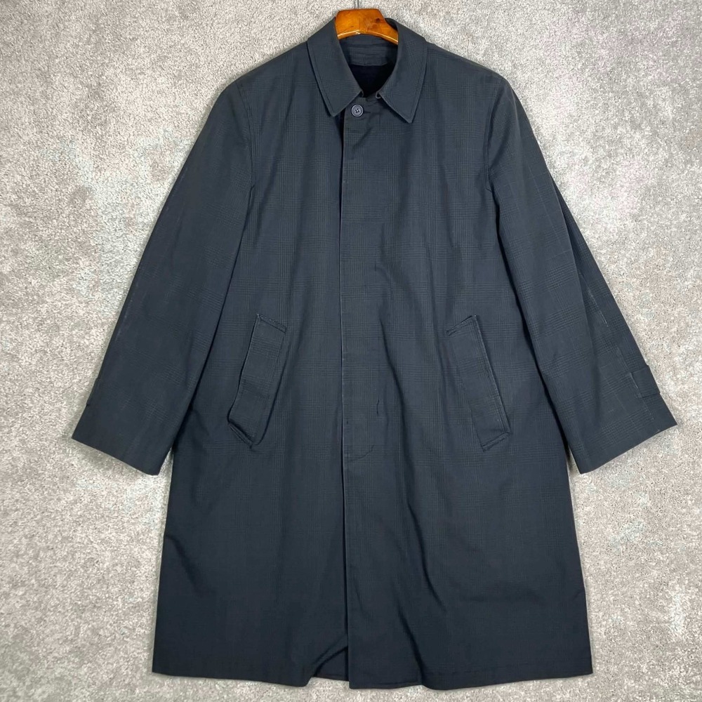 Vintage Permanent Press Mens Plaid Trench Coat Gray Blue Removable 60s 70s